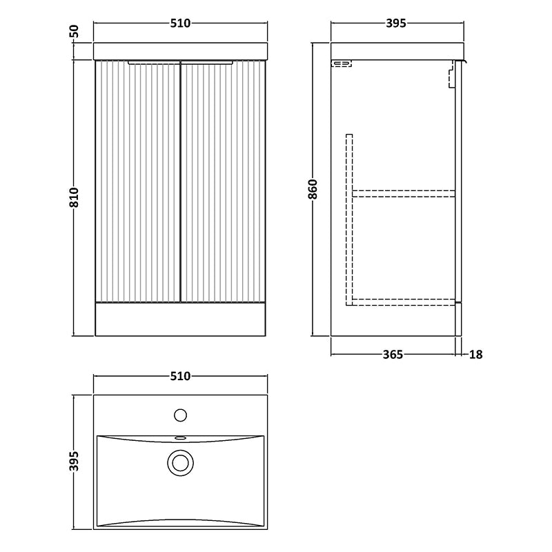 Hudson Reed Fluted Floor Standing Double Door 500mm Vanity and Thin-Edge Ceramic Basin (1 size, 5 colours) - Brand New Bathrooms