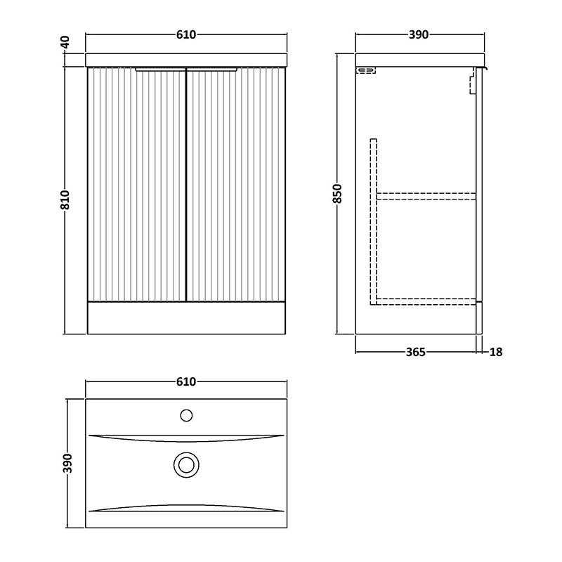 Hudson Reed Fluted Floor Standing Double Door 600mm Vanity and Mid-Edge Ceramic Basin (1 size, 5 colours) - Brand New Bathrooms
