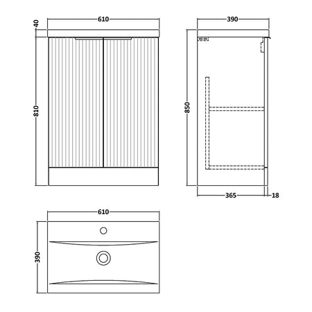 Hudson Reed Fluted Floor Standing Double Door 600mm Vanity and Mid-Edge Ceramic Basin (1 size, 5 colours) - Brand New Bathrooms