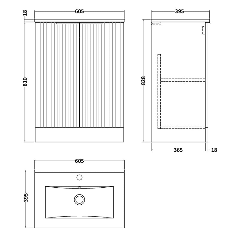 Hudson Reed Fluted Floor Standing Double Door 600mm Vanity and Minimalist Ceramic Basin (1 size, 5 colours) - Brand New Bathrooms