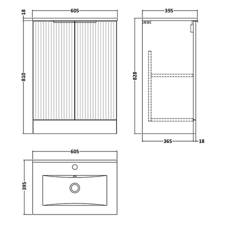 Hudson Reed Fluted Floor Standing Double Door 600mm Vanity and Minimalist Ceramic Basin (1 size, 5 colours) - Brand New Bathrooms