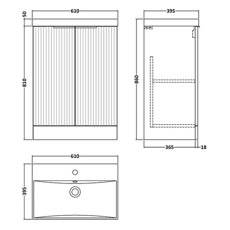 Hudson Reed Fluted Floor Standing Double Door 600mm Vanity and Thin-Edge Ceramic Basin (1 size, 5 colours) - Brand New Bathrooms