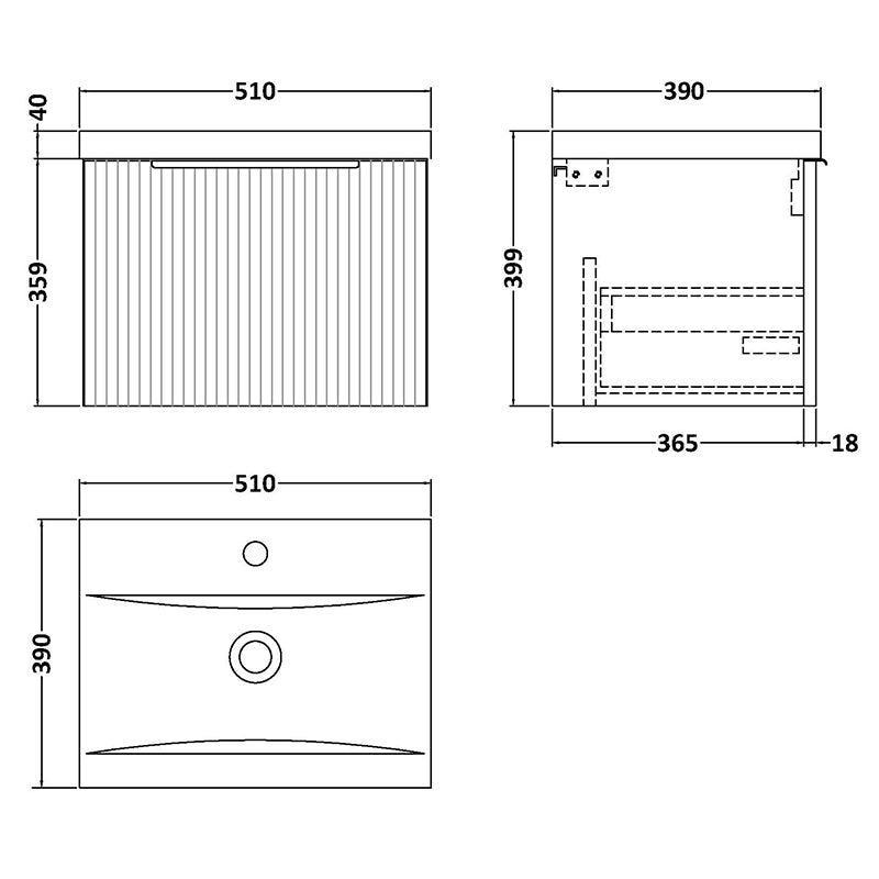Hudson Reed Fluted Wall Hung Single Drawer 500mm Vanity and Mid-Edge Basin (1 size, 5 colours) - Brand New Bathrooms