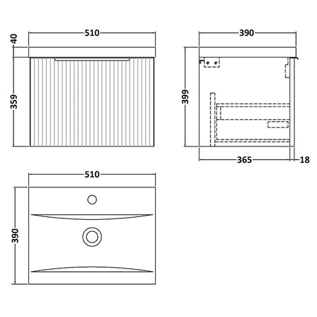 Hudson Reed Fluted Wall Hung Single Drawer 500mm Vanity and Mid-Edge Basin (1 size, 5 colours) - Brand New Bathrooms