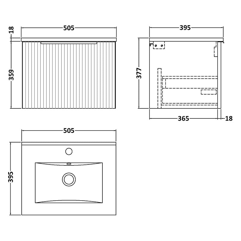 Hudson Reed Fluted Wall Hung Single Drawer 500mm Vanity Unit and Minimalist Ceramic Basin (1 size, 5 colours) - Brand New Bathrooms