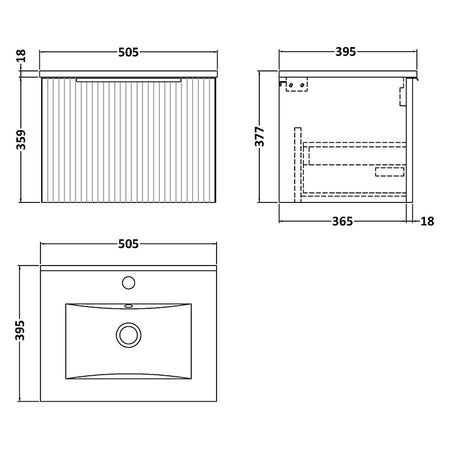 Hudson Reed Fluted Wall Hung Single Drawer 500mm Vanity Unit and Minimalist Ceramic Basin (1 size, 5 colours) - Brand New Bathrooms