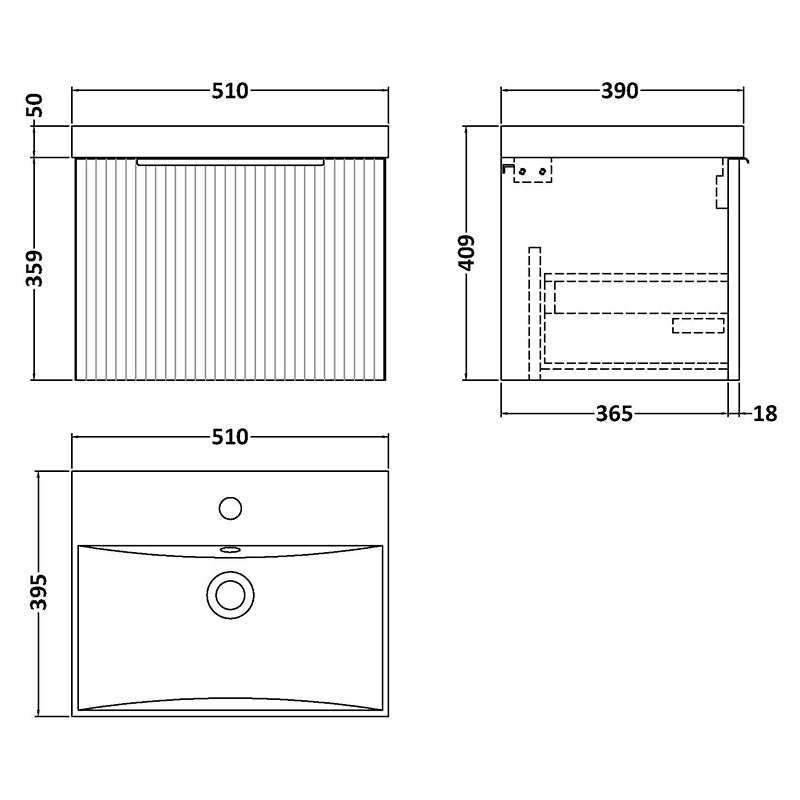 Hudson Reed Fluted Wall Hung Single Drawer 500mm Vanity Unit & Thin-Edge Ceramic Basin (1 size, 5 colours) - Brand New Bathrooms