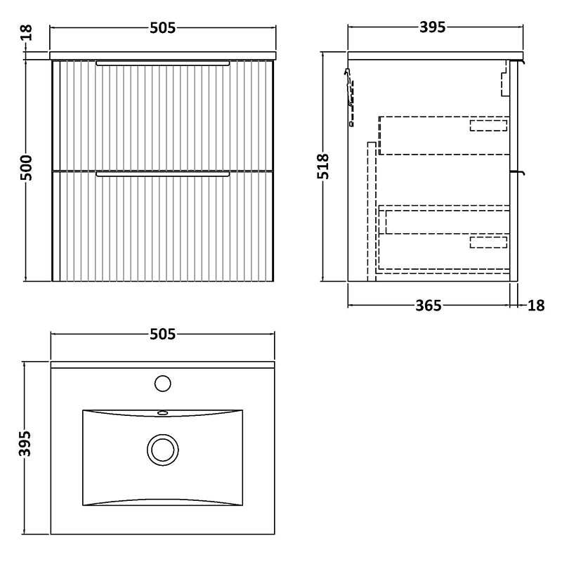 Hudson Reed Fluted Wall Hung Double Drawer 500mm Vanity & Minimalist Ceramic Basin (1 size, 5 colours) - Brand New Bathrooms