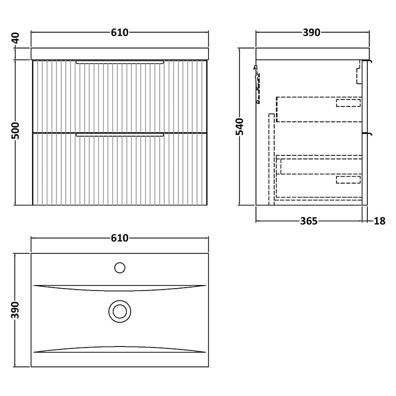 Hudson Reed Fluted Wall Hung Double Drawer 600mm Vanity & Mid-Edge Ceramic Basin (1 size, 5 colours) - Brand New Bathrooms
