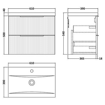 Hudson Reed Fluted Wall Hung Double Drawer 600mm Vanity & Mid-Edge Ceramic Basin (1 size, 5 colours) - Brand New Bathrooms