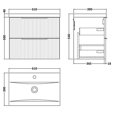 Hudson Reed Fluted Wall Hung Double Drawer 600mm Vanity & Mid-Edge Ceramic Basin (1 size, 5 colours) - Brand New Bathrooms
