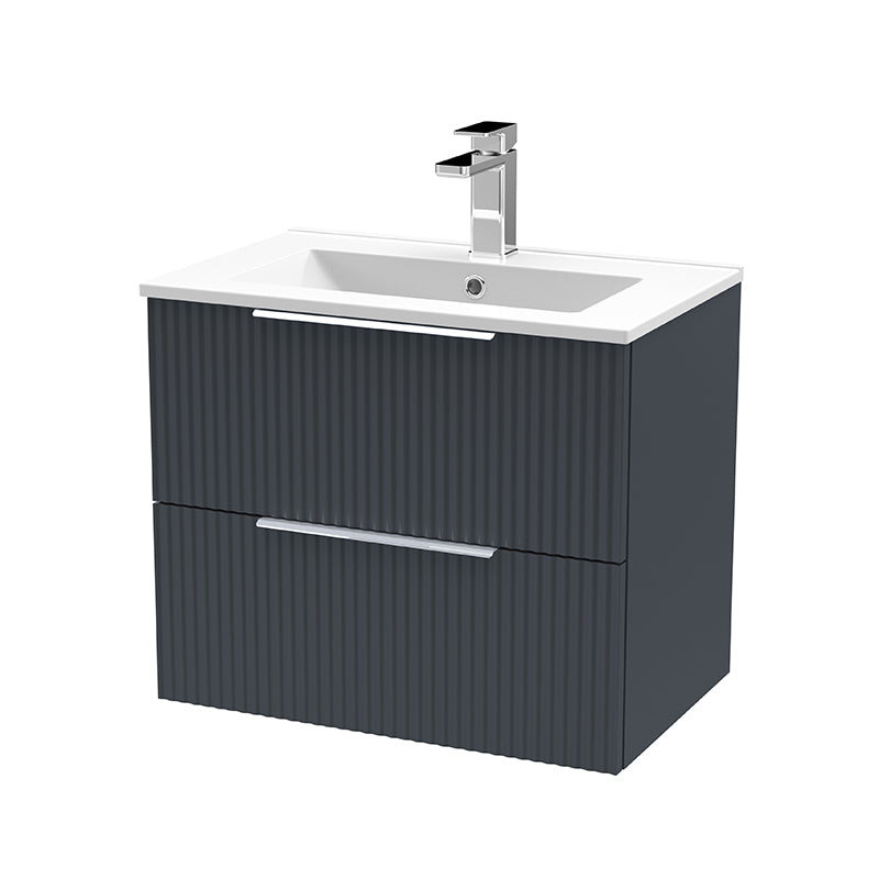 Hudson Reed Fluted Wall Hung Double Drawer 600mm Vanity & Minimalist Ceramic Basin (1 size, 5 colours) - Brand New Bathrooms