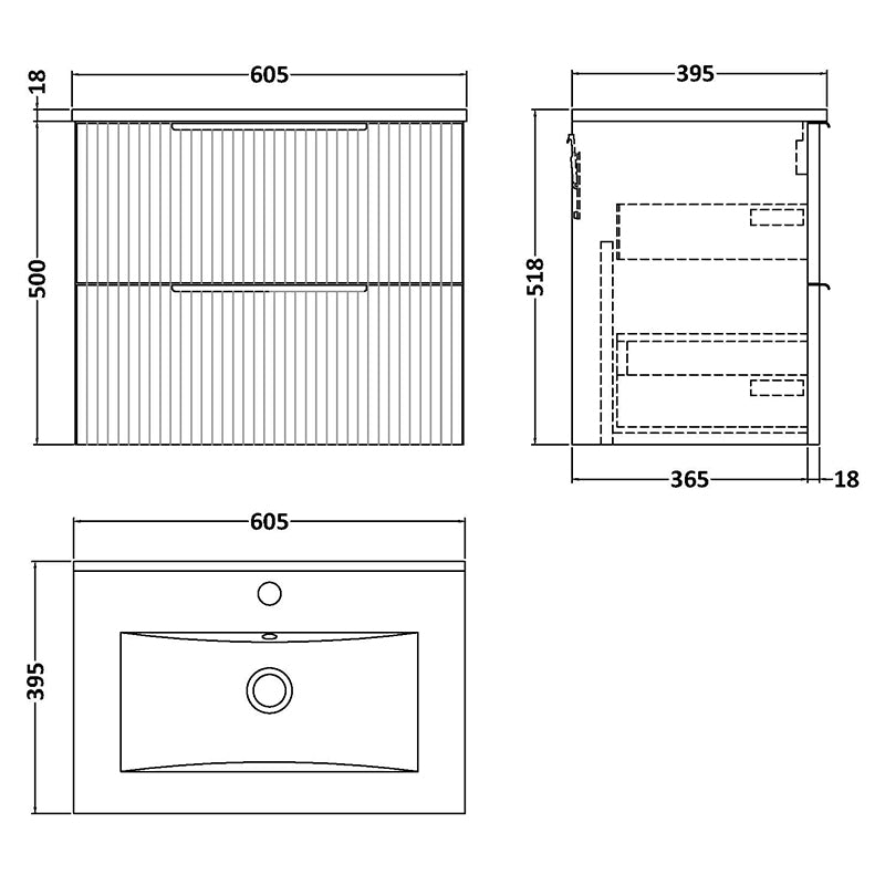 Hudson Reed Fluted Wall Hung Double Drawer 600mm Vanity & Minimalist Ceramic Basin (1 size, 5 colours) - Brand New Bathrooms