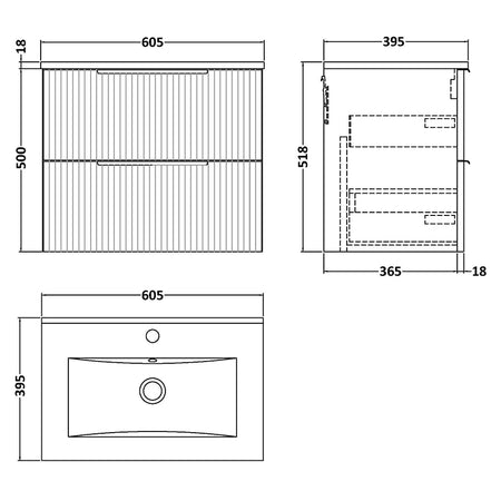 Hudson Reed Fluted Wall Hung Double Drawer 600mm Vanity & Minimalist Ceramic Basin (1 size, 5 colours) - Brand New Bathrooms