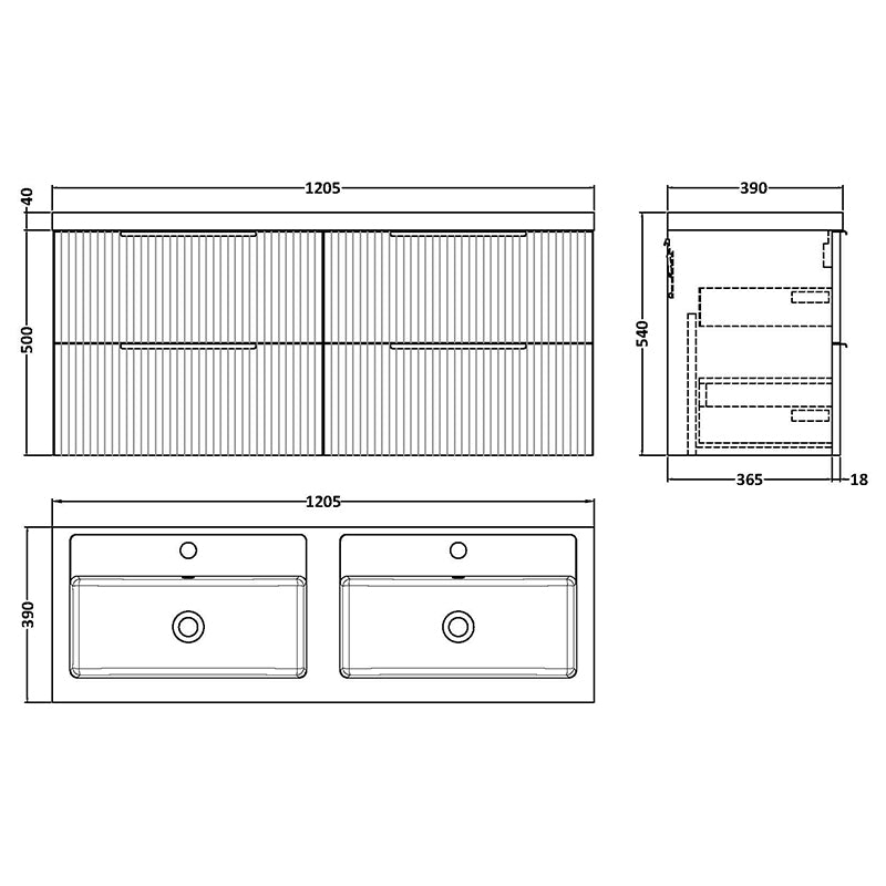 Hudson Reed Fluted Wall Hung Four Drawer 1200mm Vanity and Double Polymarble Basin (1 size, 5 colours) - Brand New Bathrooms