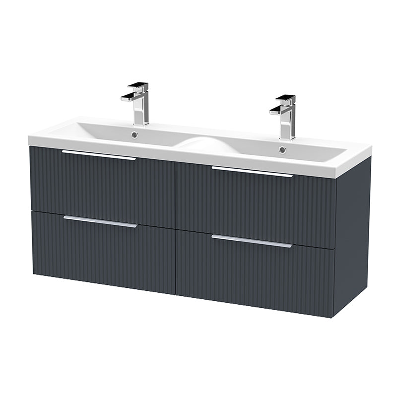 Hudson Reed Fluted Wall Hung Four Drawer 1200mm Vanity & Double Ceramic Basin (1 size, 5 colours) - Brand New Bathrooms