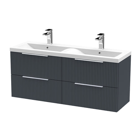 Hudson Reed Fluted Wall Hung Four Drawer 1200mm Vanity & Double Ceramic Basin (1 size, 5 colours) - Brand New Bathrooms
