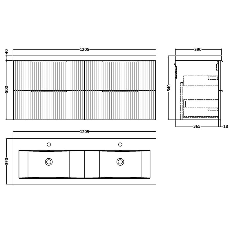 Hudson Reed Fluted Wall Hung Four Drawer 1200mm Vanity & Double Ceramic Basin (1 size, 5 colours) - Brand New Bathrooms