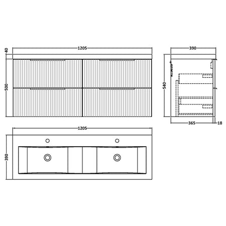 Hudson Reed Fluted Wall Hung Four Drawer 1200mm Vanity & Double Ceramic Basin (1 size, 5 colours) - Brand New Bathrooms