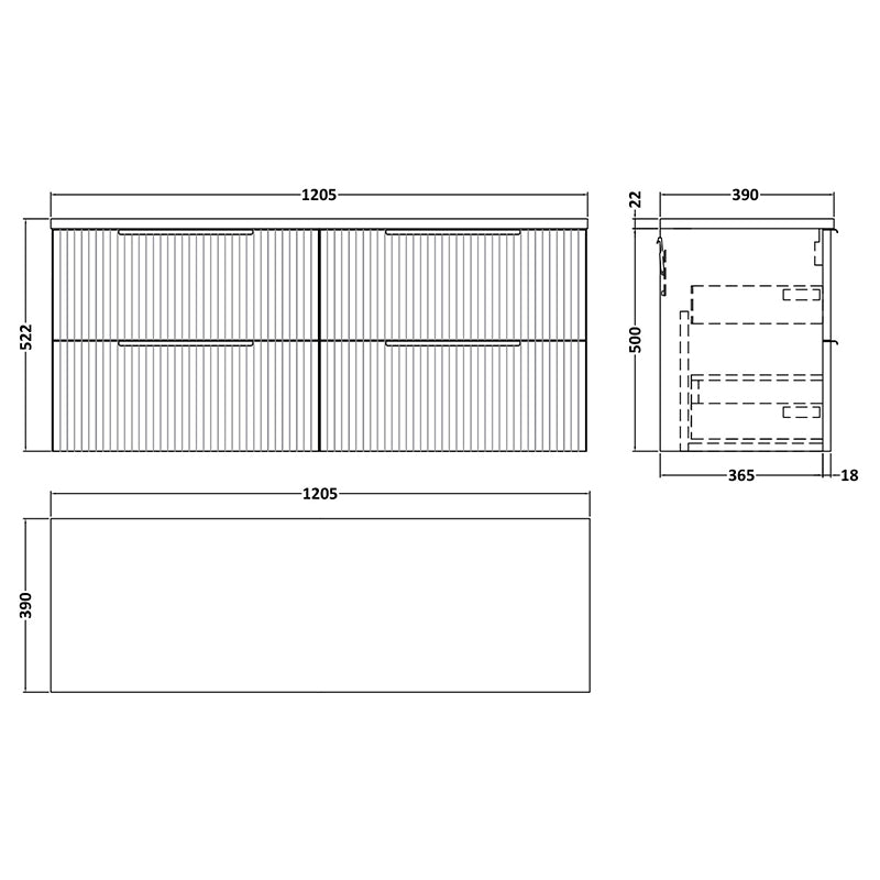Hudson Reed Fluted Wall Hung Four Drawer 1200mm Vanity & Laminate Worktop (1 size, 5 colours) - Brand New Bathrooms