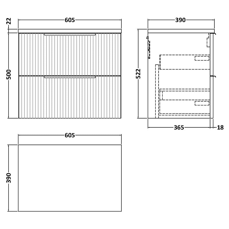 Hudson Reed Fluted Wall Hung Double Drawer 600mm Vanity and Laminate Top (1 size, 5 colours) - Brand New Bathrooms