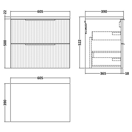 Hudson Reed Fluted Wall Hung Double Drawer 600mm Vanity & Laminate Worktop (1 size, 5 colours) - Brand New Bathrooms