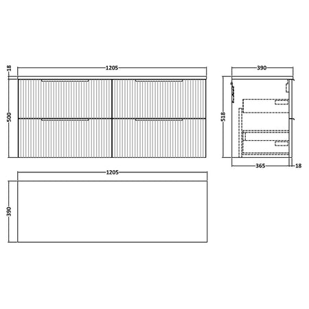 Hudson Reed Fluted Wall Hung Four Drawer 1200mm Vanity and Matching Worktop (1 size, 5 colours) - Brand New Bathrooms