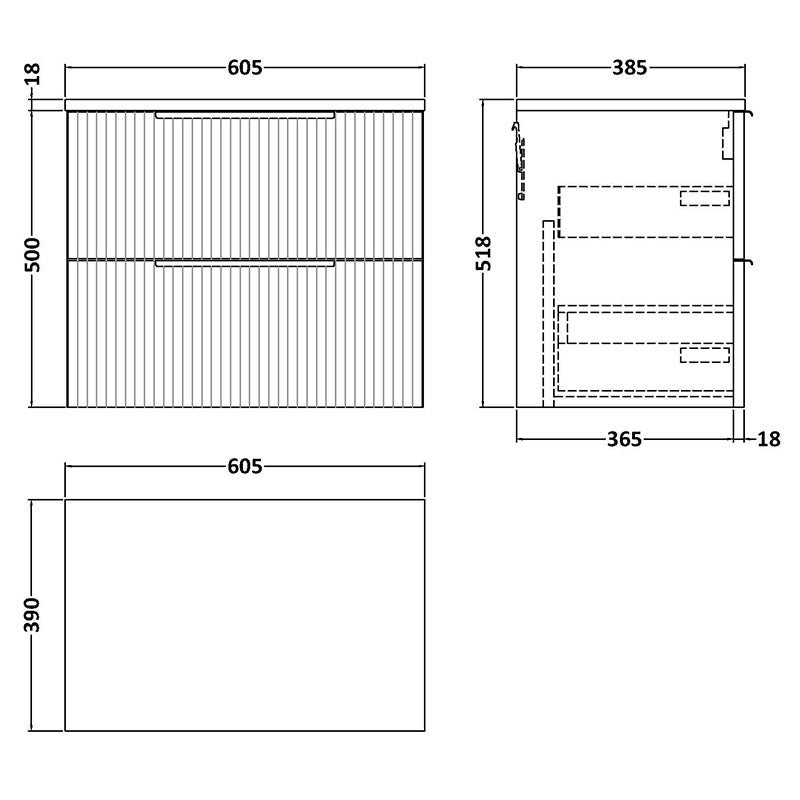 Hudson Reed Fluted Wall Hung Double Drawer 600mm Vanity and Matching Worktop (1 size, 5 colours) - Brand New Bathrooms