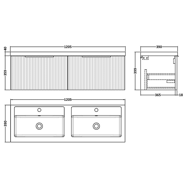 Hudson Reed Fluted Wall Hung Double Drawer 1200mm Vanity and Double Polymarble Basin (1 size, 5 colours) - Brand New Bathrooms