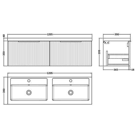 Hudson Reed Fluted Wall Hung Double Drawer 1200mm Vanity and Double Polymarble Basin (1 size, 5 colours) - Brand New Bathrooms