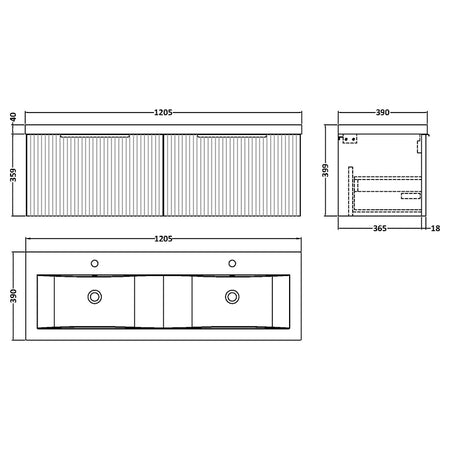 Hudson Reed Fluted Wall Hung Double Drawer 1200mm Vanity and Double Ceramic Basin (1 size, 5 colours) - Brand New Bathrooms