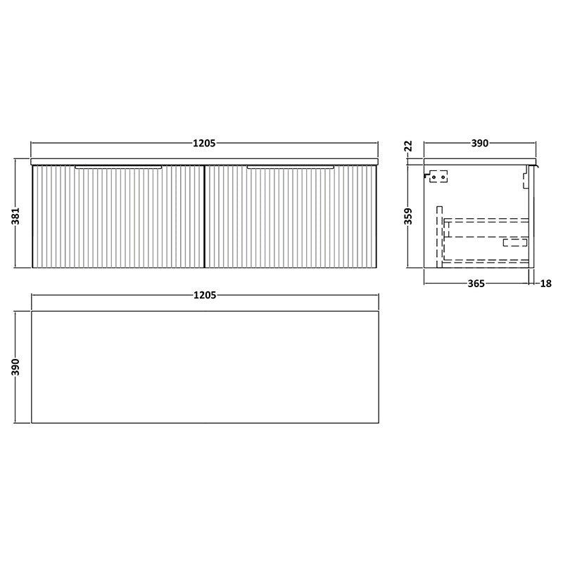 Hudson Reed Fluted Wall Hung Double Drawer 1200mm Vanity & Laminate Worktop (1 size, 5 colours) - Brand New Bathrooms