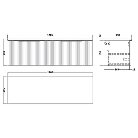 Hudson Reed Fluted Wall Hung Double Drawer 1200mm Vanity & Laminate Worktop (1 size, 5 colours) - Brand New Bathrooms