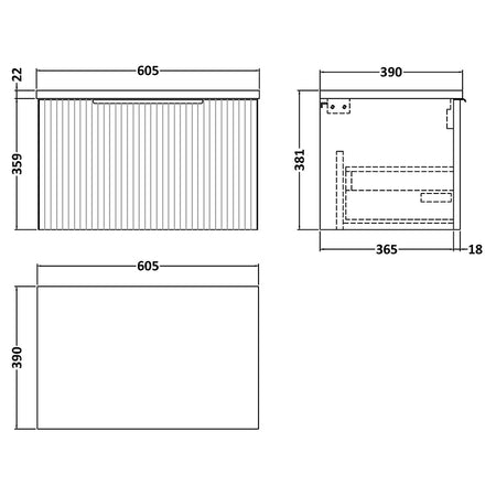 Hudson Reed Fluted Wall Hung Single Drawer 600mm Vanity & Laminate Worktop (1 size, 5 colours) - Brand New Bathrooms