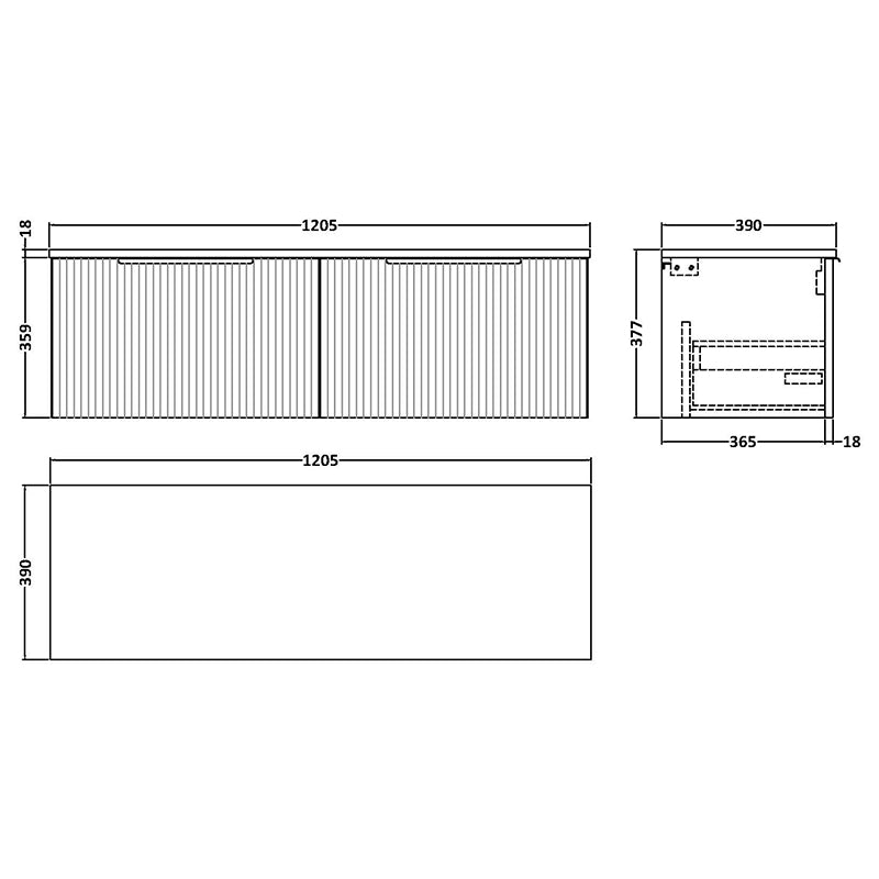 Hudson Reed Fluted Wall Hung Double Drawer 1200mm Vanity and Matching Worktop (1 size, 5 colours) - Brand New Bathrooms