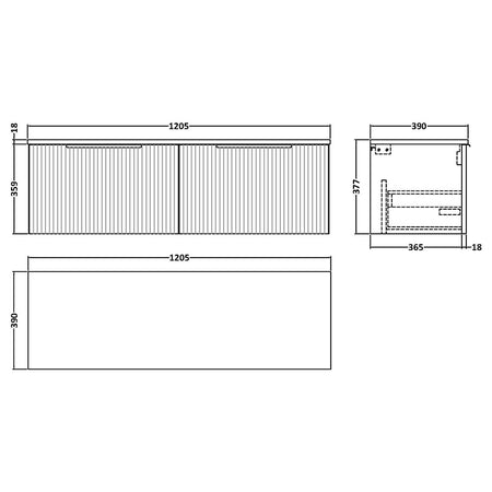 Hudson Reed Fluted Wall Hung Double Drawer 1200mm Vanity and Matching Worktop (1 size, 5 colours) - Brand New Bathrooms