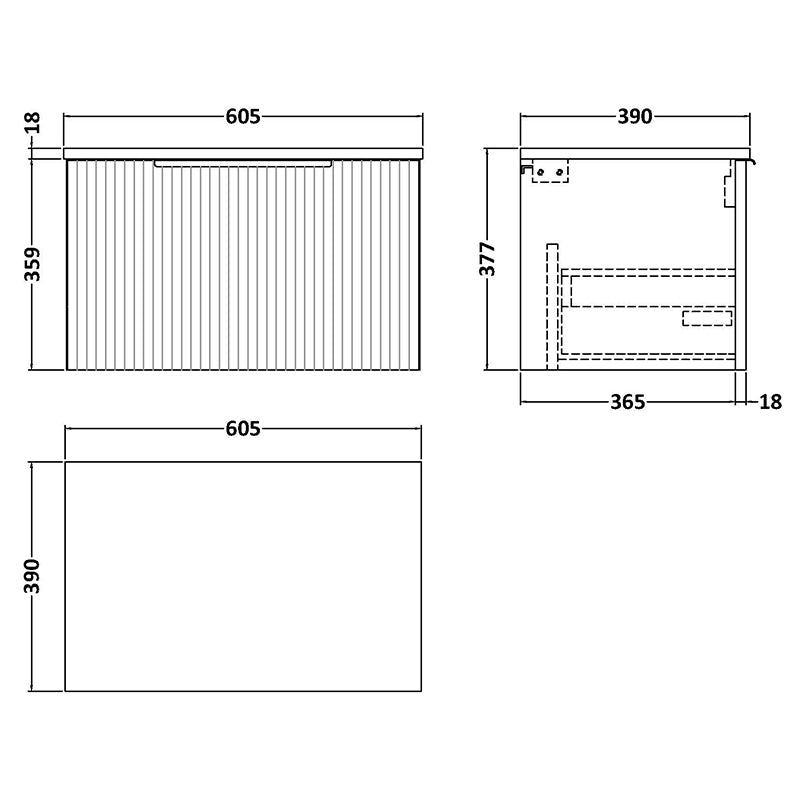 Hudson Reed Fluted Wall Hung Single Drawer 600mm Vanity and Matching Worktop (1 size, 5 colours) - Brand New Bathrooms
