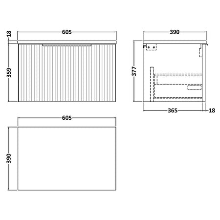 Hudson Reed Fluted Wall Hung Single Drawer 600mm Vanity and Matching Worktop (1 size, 5 colours) - Brand New Bathrooms