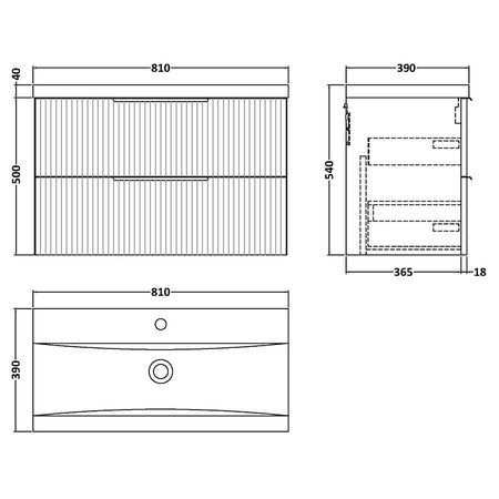 Hudson Reed Fluted Wall Hung Double Drawer 800mm Vanity and Mid-Edge Ceramic Basin (1 size, 5 colours) - Brand New Bathrooms