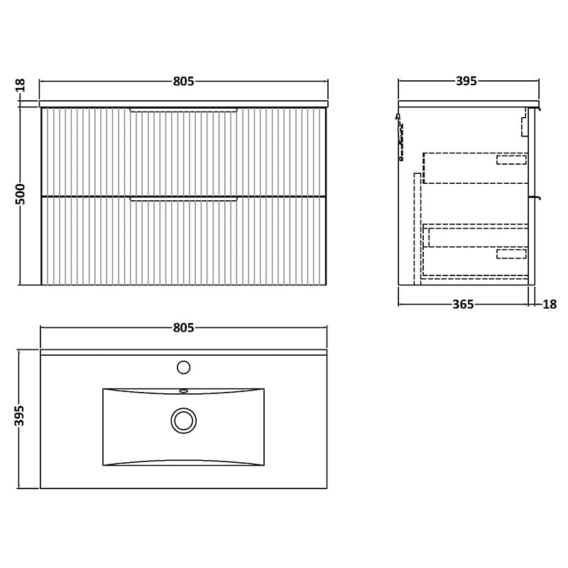Hudson Reed Fluted Wall Hung Double Drawer 800mm Vanity and Minimalist Ceramic Basin (1 size, 5 colours) - Brand New Bathrooms