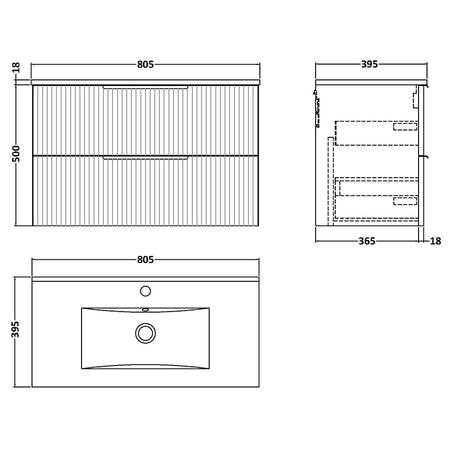 Hudson Reed Fluted Wall Hung Double Drawer 800mm Vanity and Minimalist Ceramic Basin (1 size, 5 colours) - Brand New Bathrooms