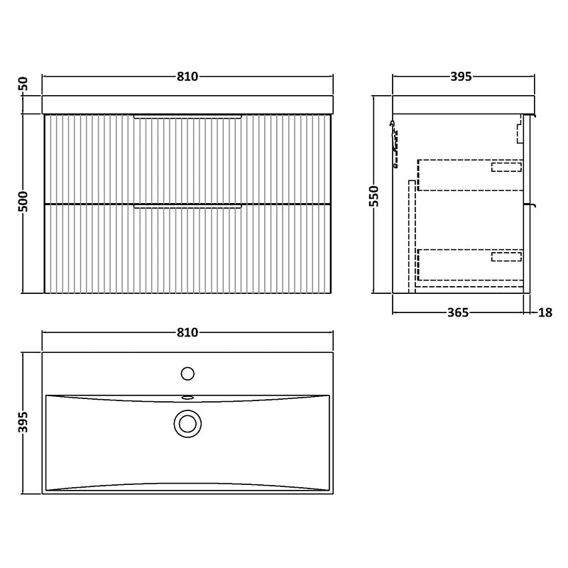 Hudson Reed Fluted Wall Hung Double Drawer 800mm Vanity and Thin-Edge Ceramic Basin (1 size, 5 colours) - Brand New Bathrooms