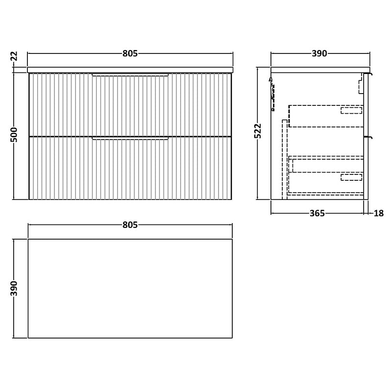 Hudson Reed Fluted Wall Hung Double Drawer 800mm Vanity & Laminate Worktop (1 size, 5 colours) - Brand New Bathrooms