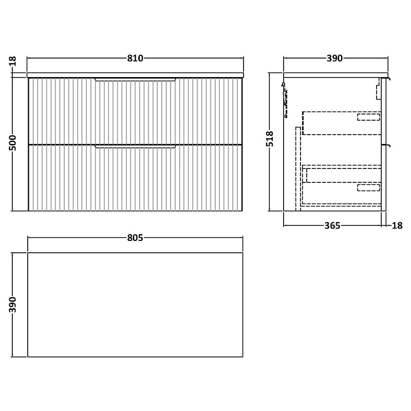 Hudson Reed Fluted Wall Hung Double Drawer 800mm Vanity and Matching Worktop (1 size, 5 colours) - Brand New Bathrooms