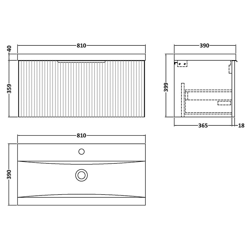 Hudson Reed Fluted Wall Hung Single Drawer 800mm Vanity and Ceramic Mid-Edge Basin (1 size, 5 colours) - Brand New Bathrooms