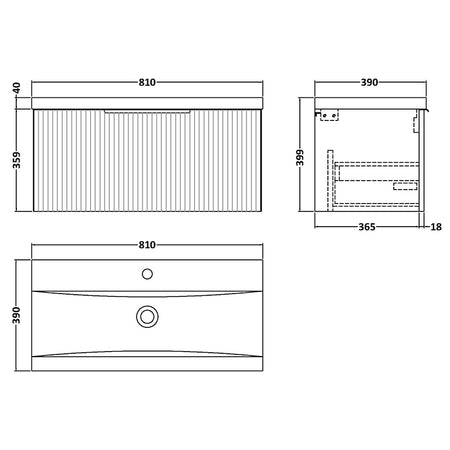 Hudson Reed Fluted Wall Hung Single Drawer 800mm Vanity and Ceramic Mid-Edge Basin (1 size, 5 colours) - Brand New Bathrooms