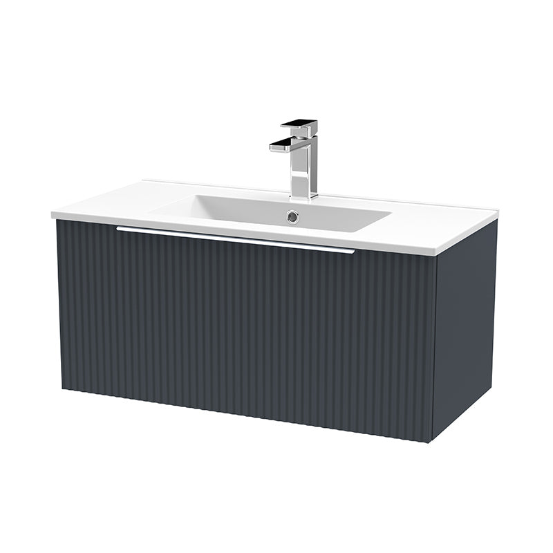 Hudson Reed Fluted Wall Hung Single Drawer 800mm Vanity & Minimalist Ceramic Basin (1 size, 5 colours) - Brand New Bathrooms