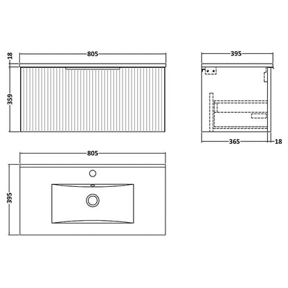 Hudson Reed Fluted Wall Hung Single Drawer 800mm Vanity & Minimalist Ceramic Basin (1 size, 5 colours) - Brand New Bathrooms