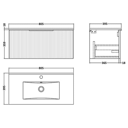 Hudson Reed Fluted Wall Hung Single Drawer 800mm Vanity & Minimalist Ceramic Basin (1 size, 5 colours) - Brand New Bathrooms