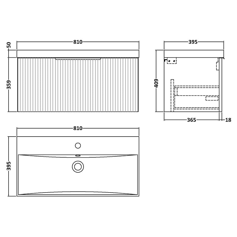 Hudson Reed Fluted Wall Hung Single Drawer 800mm Vanity and Thin-Edge Ceramic Basin (1 size, 5 colours) - Brand New Bathrooms